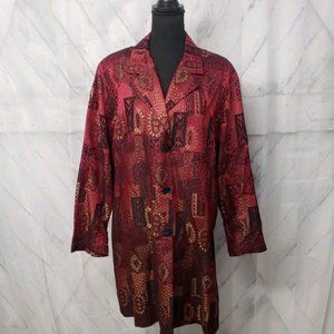 Chicos Design Silk Blend Aztec Print Long Jacket Red Gold Black Button Size 2 (L